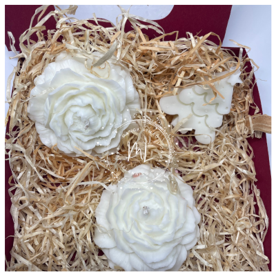 Caixa Bordeaux com Janela – Velas Decorativas em Forma de Flor Peónia e Árvore de Natal | Presente de Natal Elegante