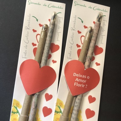 Embalagens de sementes de calêndula com lápis reciclados e corações vermelhos