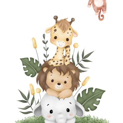 Ilustração de animais bebés empilhados com plantas ao fundo