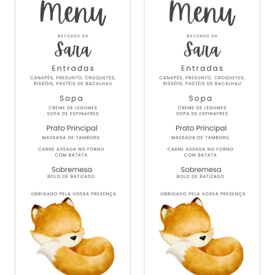 Dois menus brancos para batizado da Sara com texto preto e raposa laranja ilustrada