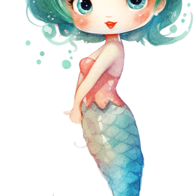 Desenho de sereia com cabelo azul esverdeado e cauda azul