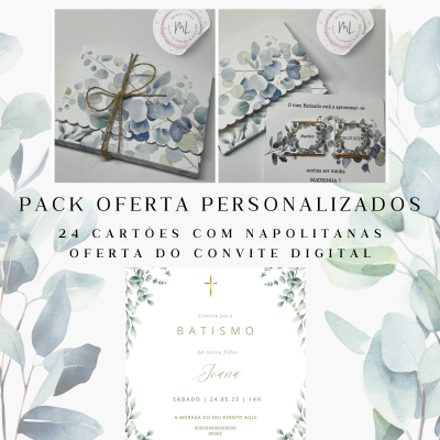 Pack Personalizável Tema Eucalipto | Envelope com Cartão, Napolitanas e Convite Digital Grátis