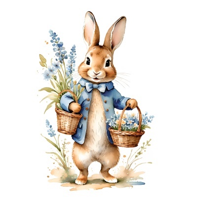 Ilustração de coelho vestido segurando cestas com flores
