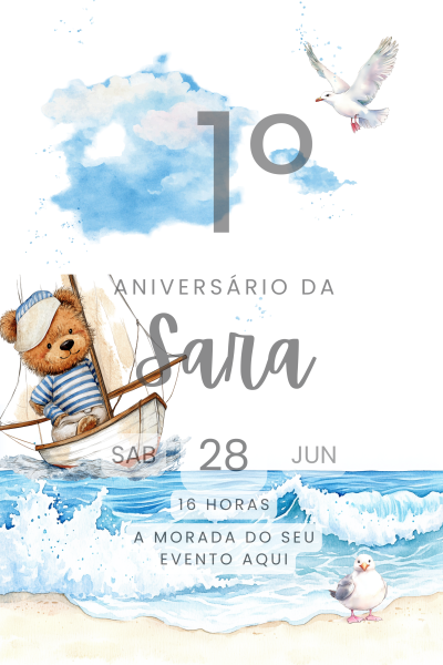 Convite digital para Primeiro Aniversário - Tema Urso Marinheiro