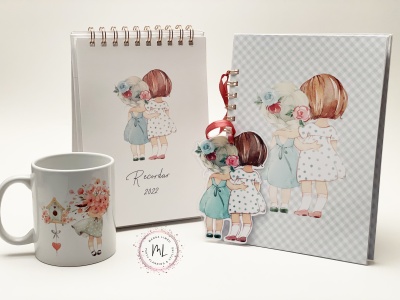 Conjunto oferta calendário, caneca e bloco