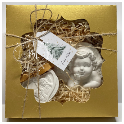 Presente de Natal Artesanal — Caixa Dourada com 2 Peças do Anjo da Guarda