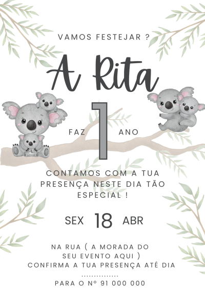 Convite digital para Primeiro Aniversário - Tema Koala