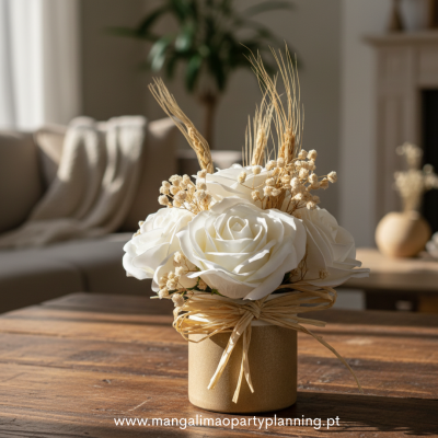 Arranjo Artesanal com 6 Rosas Brancas de sabão e Flores Secas Naturais