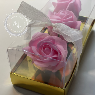 Caixa com 3 botões de Rosa de sabão cor-de-rosa