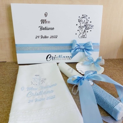 Conjunto Batismo Azul Claro e Prata Anjo ref:1132