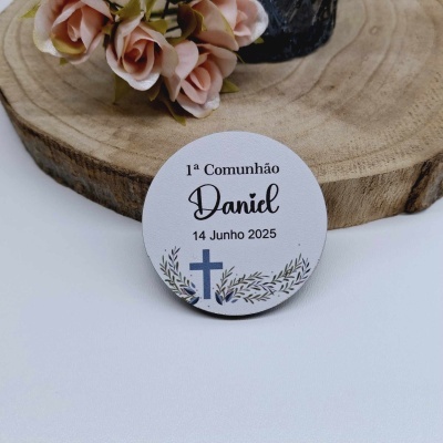 Botão de 1ª Comunhão com nome Daniel e data 14 Junho 2025
