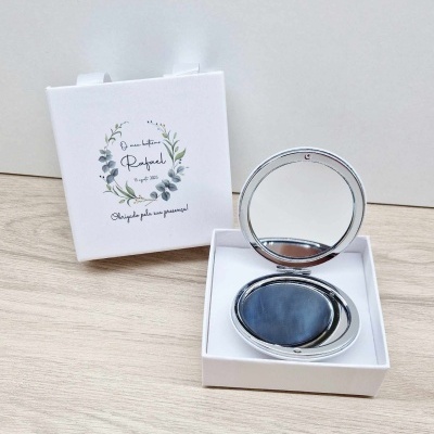 Compacto espelho de bolso redondo com caixa branca decorada