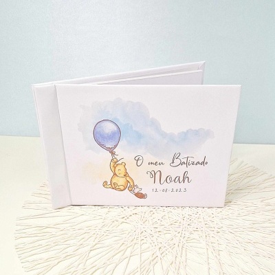 Convite de batizado com ursinho e balão azul