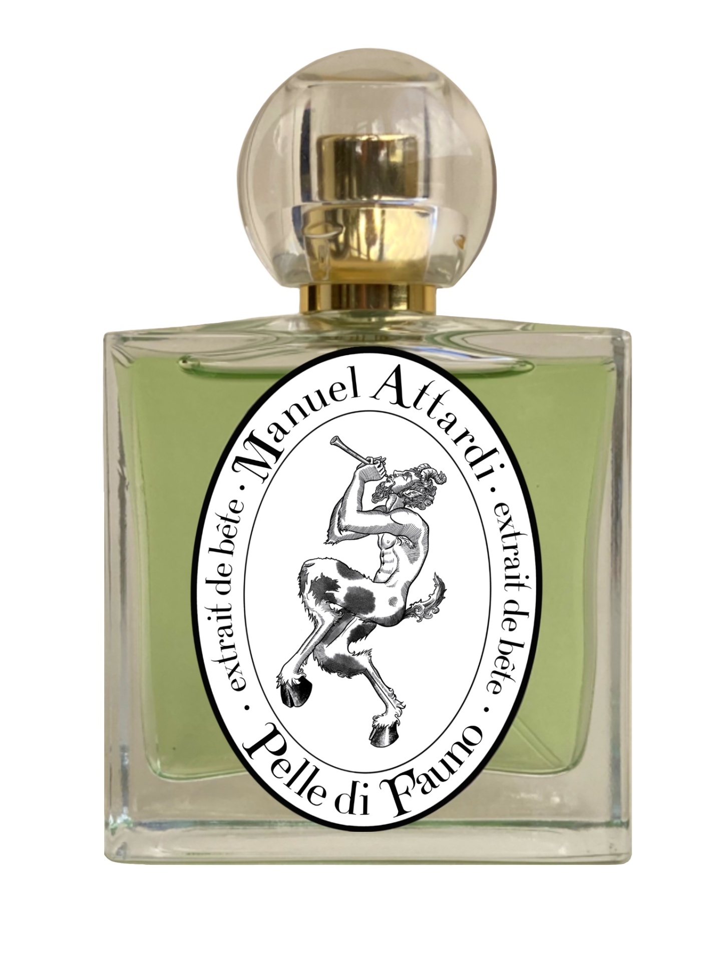 PELLE DI FAUNO - extrait de bête - 50 ml Frasco de perfume transparente com líquido verde e rótulo com texto e figura mitológica