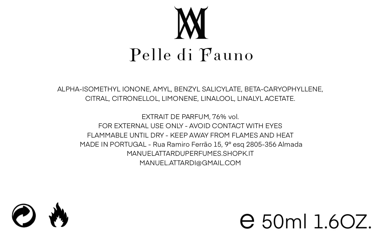 PELLE DI FAUNO - extrait de bête - 50 ml Rótulo de perfume Pelle di Fauno com ingredientes e advertências