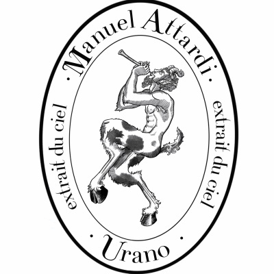 Selo oval preto e branco com sátiro tocando flauta e texto Manuel Attardi, extraits du ciel, Urano