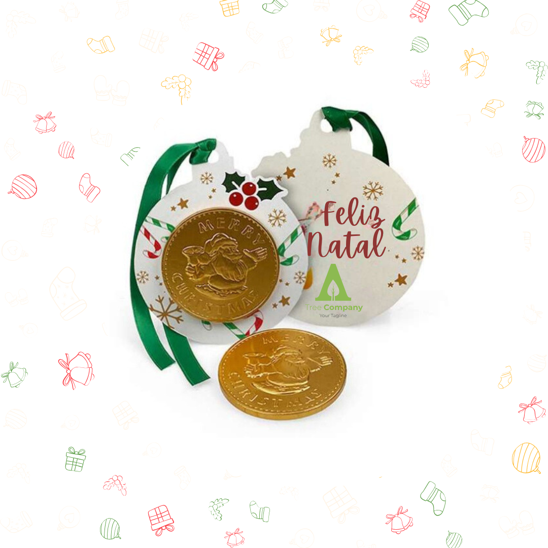 Ornamento de Natal com Moeda de Chocolate Personalizada - Ideal para Empresas