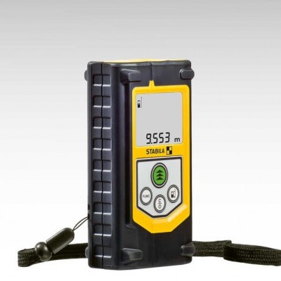 Medidor a laser digital preto e amarelo com display e botões