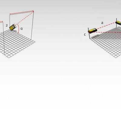 Diagramas mostrando posição de dispositivos retangulares pretos ligados por fios vermelhos em espaço 3D