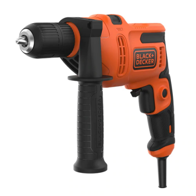 Parafusadora eléctrica preta e laranja BLACK+DECKER com punho extra e cabo.