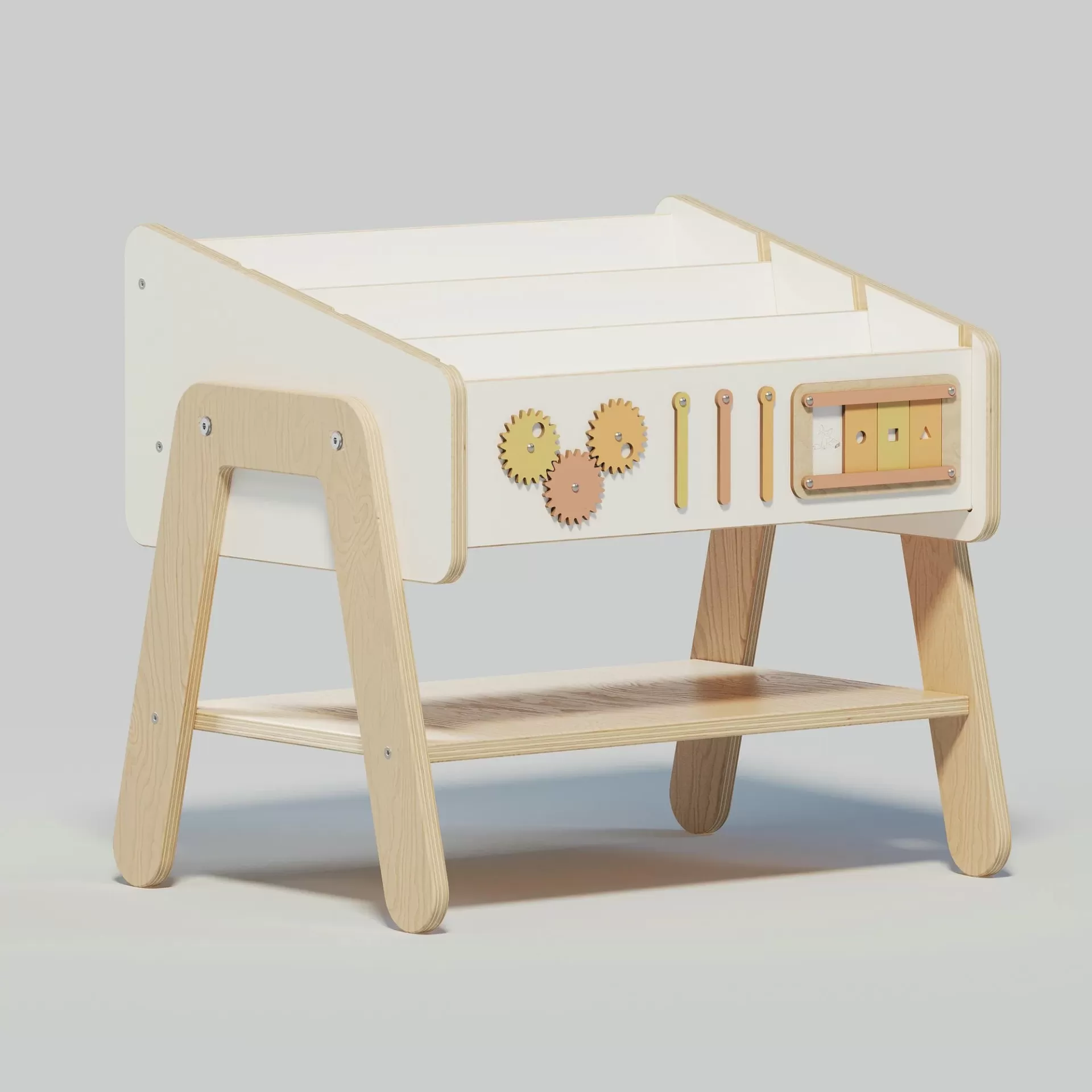 Estante/Cadeira Multifuncional LILU – Móvel 2 em 1 para Crianças Mesa de atividades infantil em madeira clara e branca com engrenagens e formas geométricas