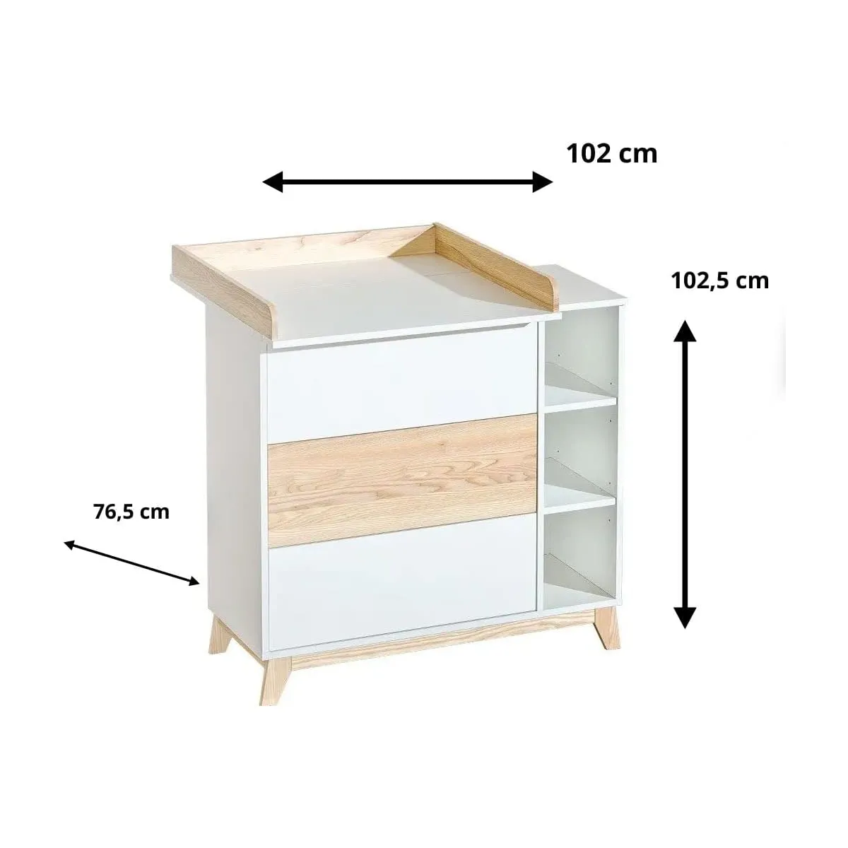 Cómoda com Trocador e Gavetas NORDIK Móvel branco com madeira natural claro, gavetas e estantes laterais, com medidas indicadas