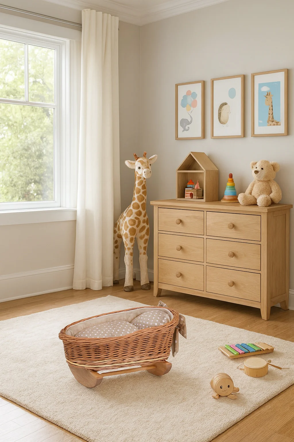 Mimi Berço de Vime para Bonecas com Forro, Almofada e Edredão Quarto infantil com móveis e brinquedos de madeira clara e pelúcias