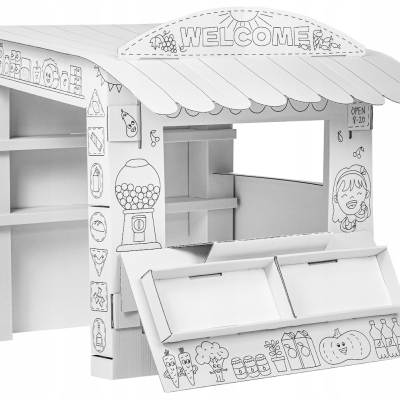 Barraca de brincar de cartão com ilustrações em preto e branco e texto WELCOME