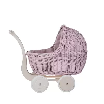Carrinho de bonecas rosa em verga com rodas brancas e pega bege