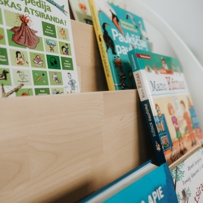 Estante de livros infantis coloridos em madeira clara num ambiente interior.