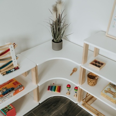 Prateleiras com brinquedos de madeira, livros e planta