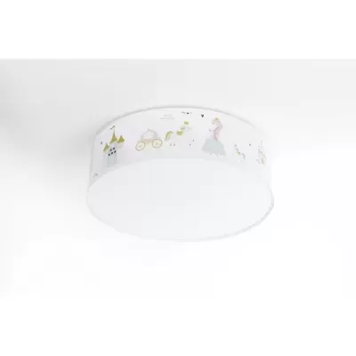 Luminária de tecto infantil redonda branca com desenhos coloridos de castelo, carruagem e princesa