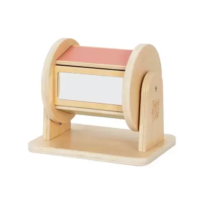 Suporte de madeira com peça giratória e espelho, base retangular, cor madeira clara e rosa.