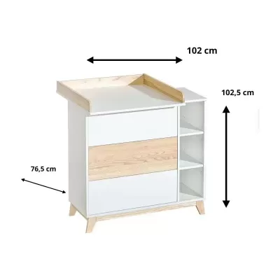 Móvel branco com madeira natural claro, gavetas e estantes laterais, com medidas indicadas