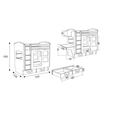 Beliche Infantil em Forma de Carruagem de Comboio com Gavetas e Secretária Beliche Infantil em Forma de Carruagem de Comboio com Gavetas e Secretária