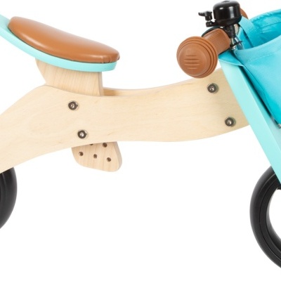 Bicicleta infantil de equilíbrio de madeira com detalhes azuis e castanhos