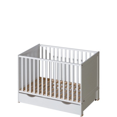 Berço de bebé branco com ripas naturais e gaveta integrada