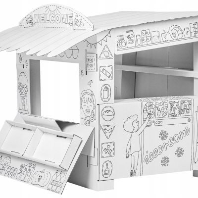 Casinha infantil de papelão com desenhos para colorir e texto Welcome e icecream