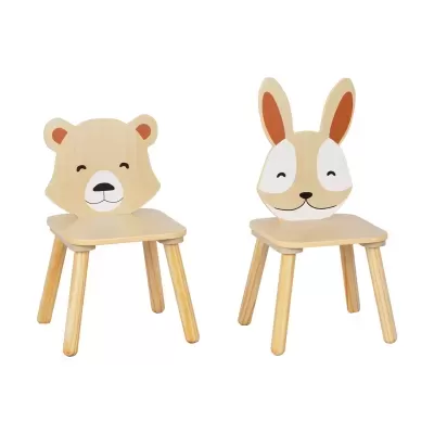 Duas cadeiras infantis de madeira com encostos em forma de animais