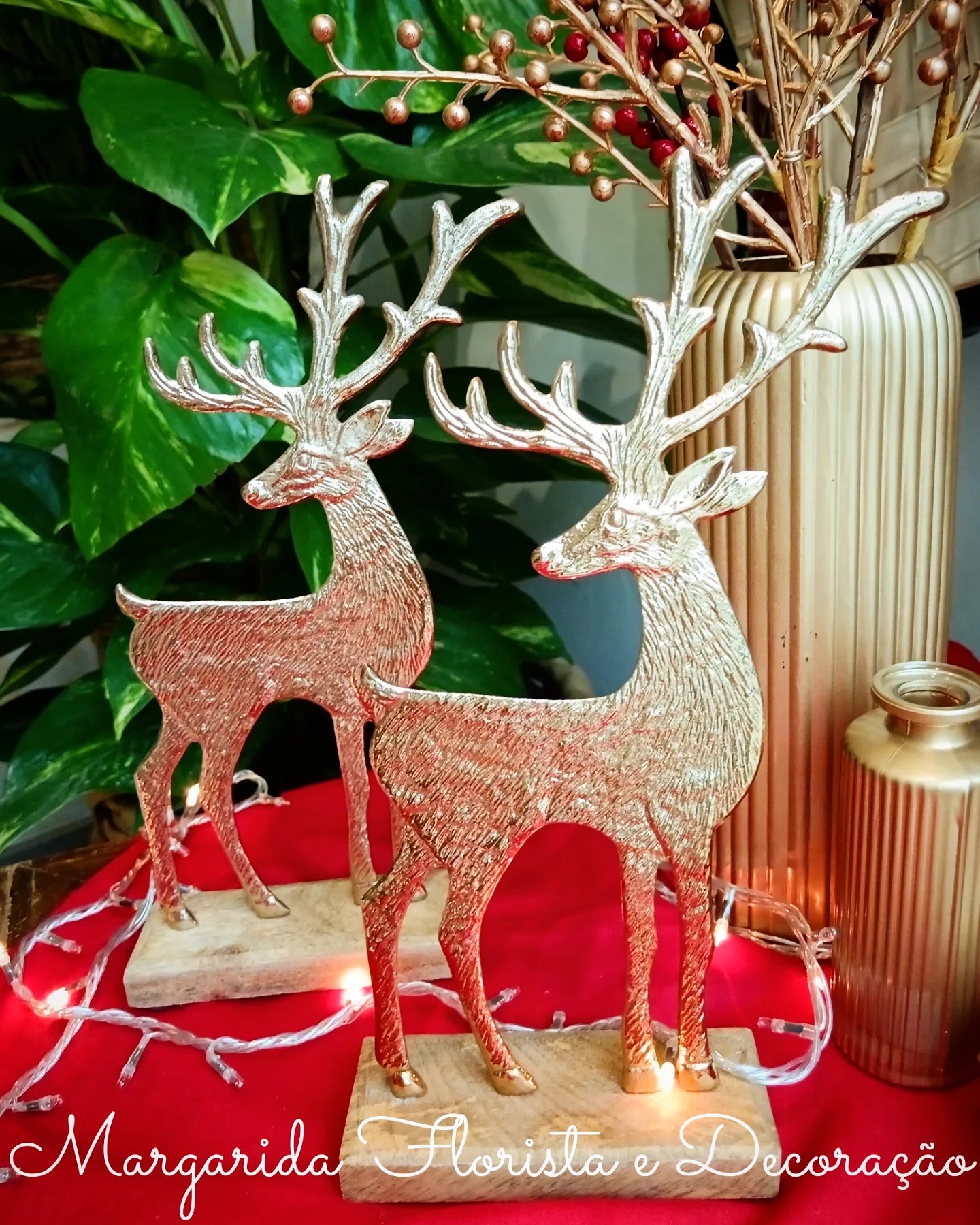 Duas renas douradas decorativas com base de madeira e luzes LED, em superfície vermelha, com plantas verdes e vaso dourado ao fundo.
