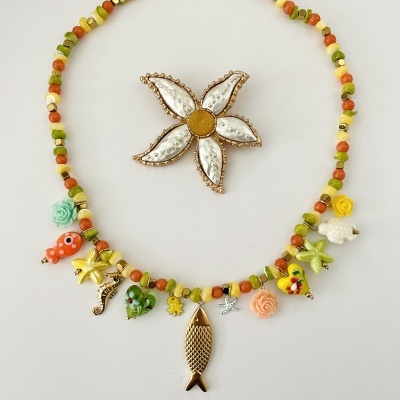 Colar pedras naturais e pendentes -  aço e vidro ❤️#2