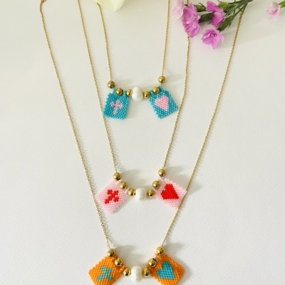 Colar Escapulário com missangas japonesas e pérola barroca - Coração e cruz #31