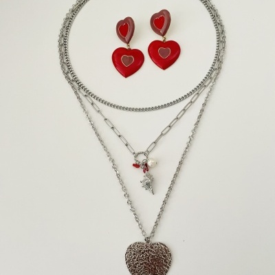 Colar coração e búzio -  triplo, em aço