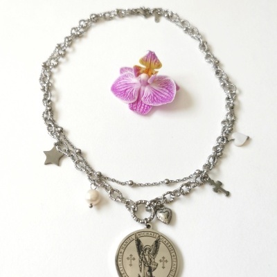 Colar duplo com os nomes dos 7 Arcanjos - Figura de  Arcanjo S. Miguel, em prateado