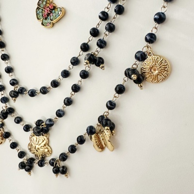 Colar triplo, em aço - preto e cinza