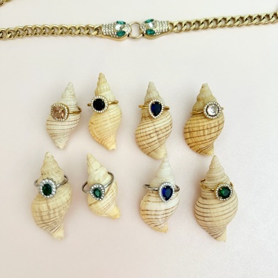 Anéis com pedras preciosas em conchas e corrente dourada