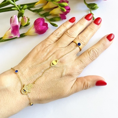 Pulseira + anel em aço ajustável  - dourado #272