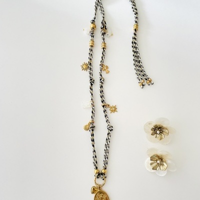 Colar Arcanjo Miguel, com cordão preto e branco