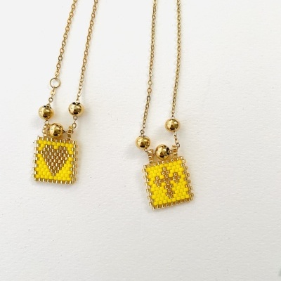 Colar Escapulário com missangas japonesas e pérola barroca - Coração e cruz #19