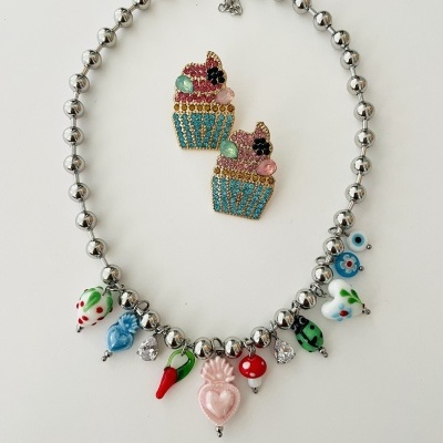 Colar bolinhas e pendentes -  aço e vidro ❤️#9